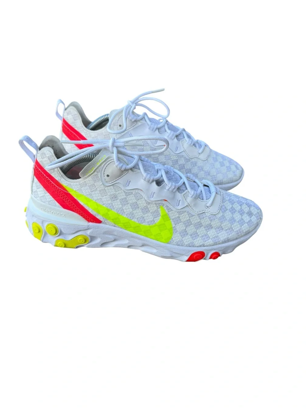 Nike Men’s React Element 55 Checkered White Volt Crimson Sneakers Size 9